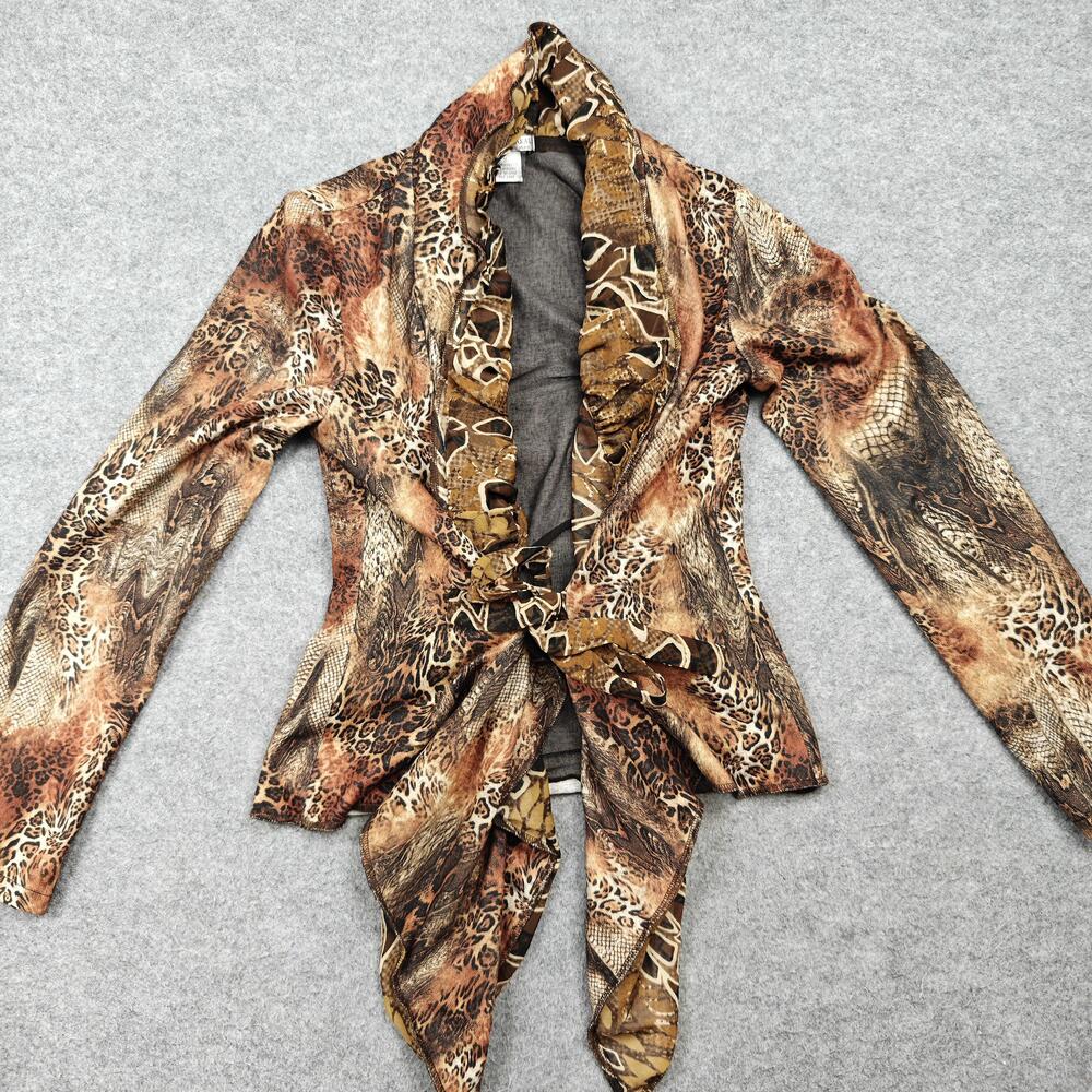 Alberto Makali Blouse Womens Medium Brown Tunic Collared Ruffle Tie Stretch